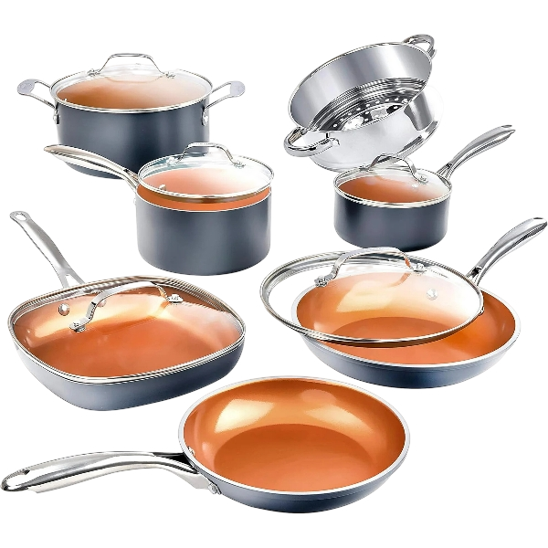 Gotham Steel Nonstick Pots and Pans 12 Piece Set Ceramic Cookware Kitchen Set with Frying Skillet, Saucepan, Lids, Gray